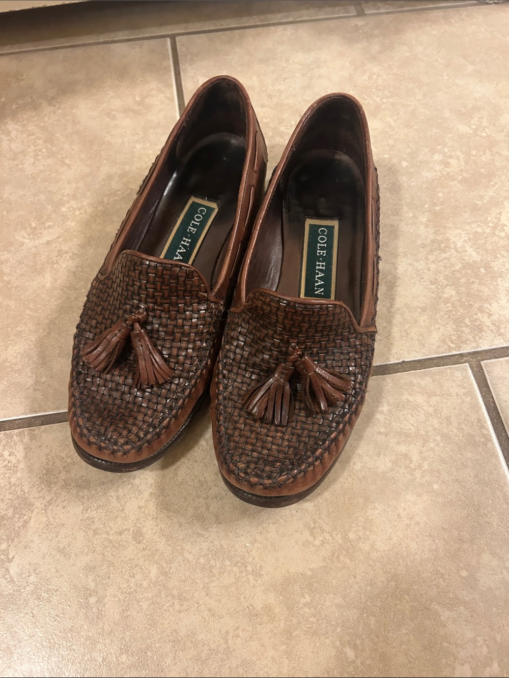 Cole Haan Brown Woven Leather Tassel Loafers